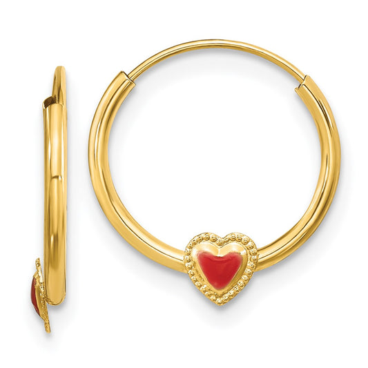 14K Yellow Gold Madi K Polished Red Enameled Heart Hoops