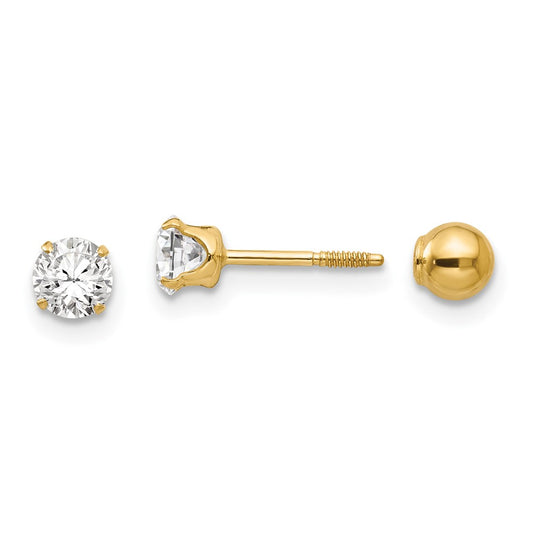 14K Yellow Gold Madi K Polished Reversible CZ & 4mm Ball Earrings