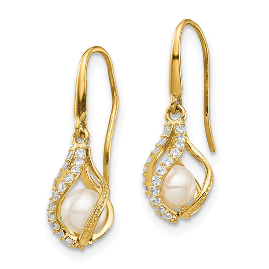 14K Yellow Gold White FWC Pearl CZ Cage Dangle Earrings