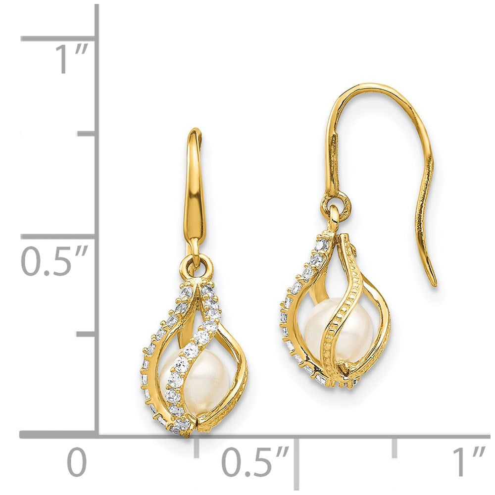 14K Yellow Gold White FWC Pearl CZ Cage Dangle Earrings