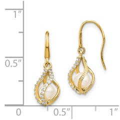 14K Yellow Gold White FWC Pearl CZ Cage Dangle Earrings