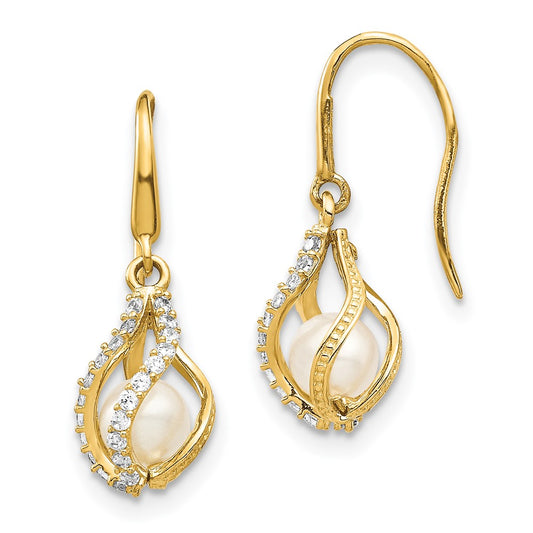 14K Yellow Gold White FWC Pearl CZ Cage Dangle Earrings