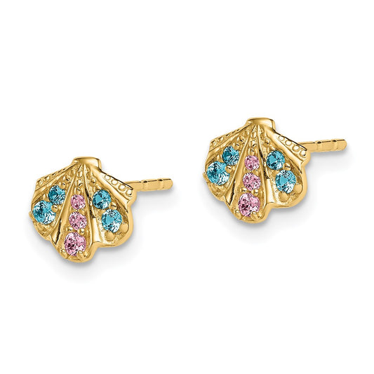 14K Yellow Gold Madi K Blue & Pink CZ Seashell Post Earrings