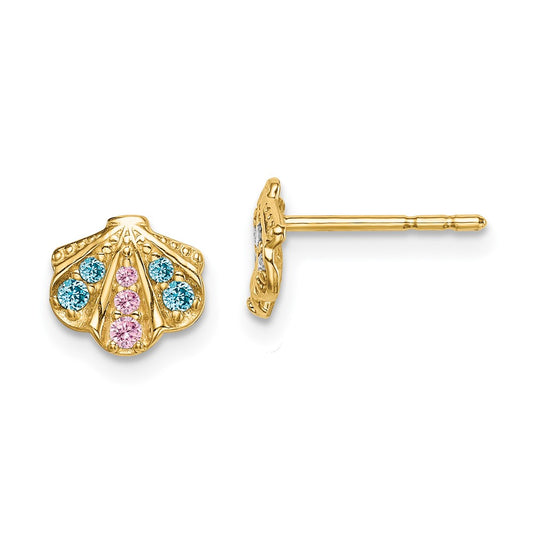 14K Yellow Gold Madi K Blue & Pink CZ Seashell Post Earrings