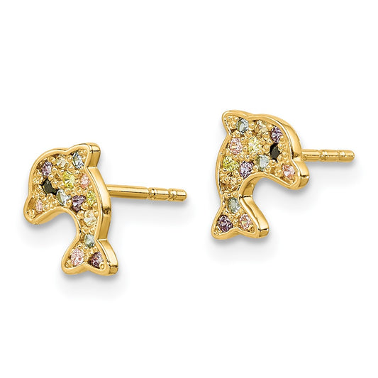 14K Yellow Gold Madi K Multi-colored CZ Dolphin Post Earrings