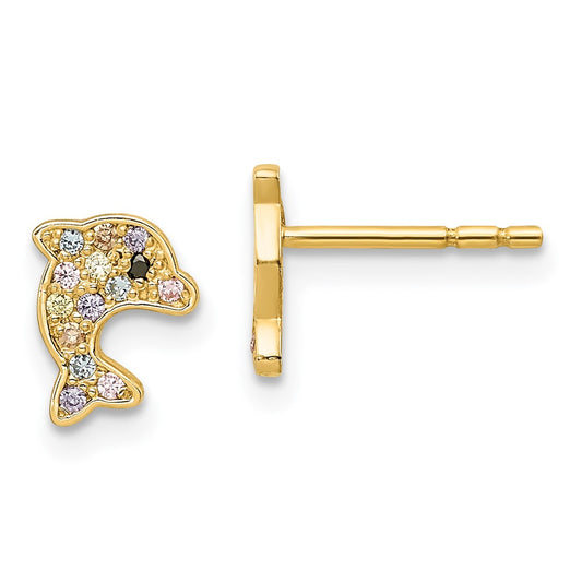 14K Yellow Gold Madi K Multi-colored CZ Dolphin Post Earrings