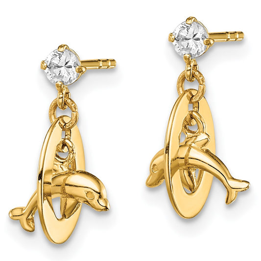 14K Yellow Gold Madi K CZ Oval with Dolphin Dangle Post Earrings