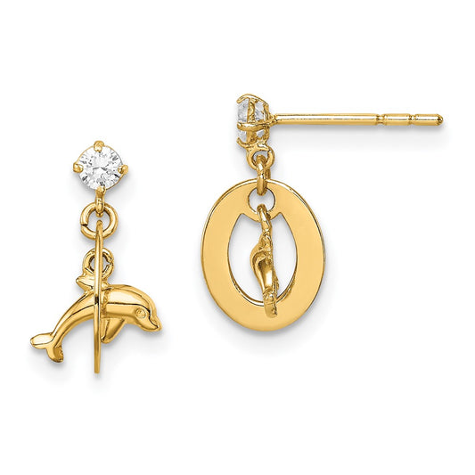 14K Yellow Gold Madi K CZ Oval with Dolphin Dangle Post Earrings