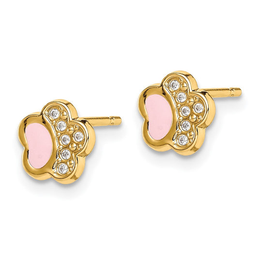 14K Yellow Gold Madi K CZ Pink Enamel Paw Post Earrings