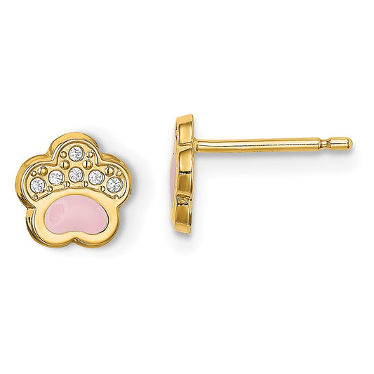 14K Yellow Gold Madi K CZ Pink Enamel Paw Post Earrings