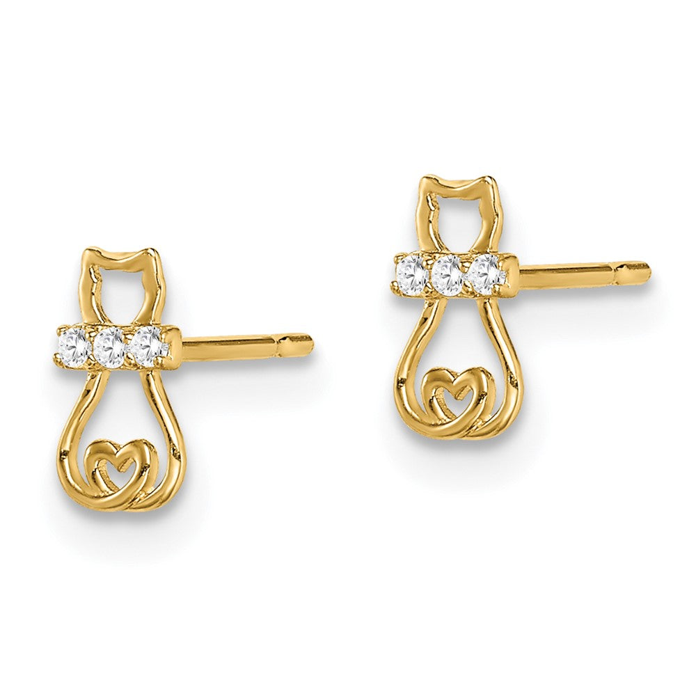 14K Yellow Gold Madi K CZ Cat with Heart Tail Post Earrings