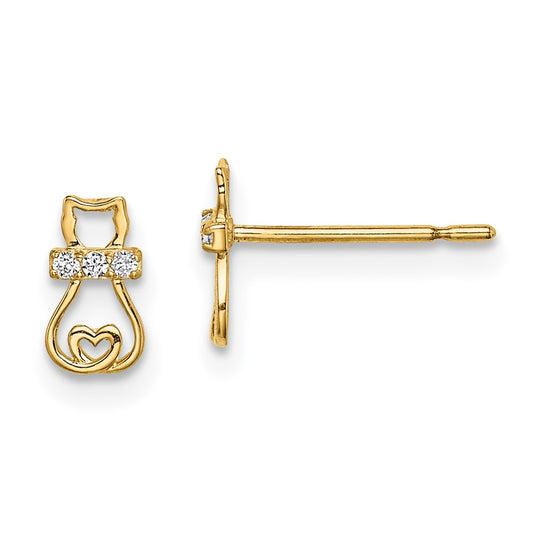 14K Yellow Gold Madi K CZ Cat with Heart Tail Post Earrings