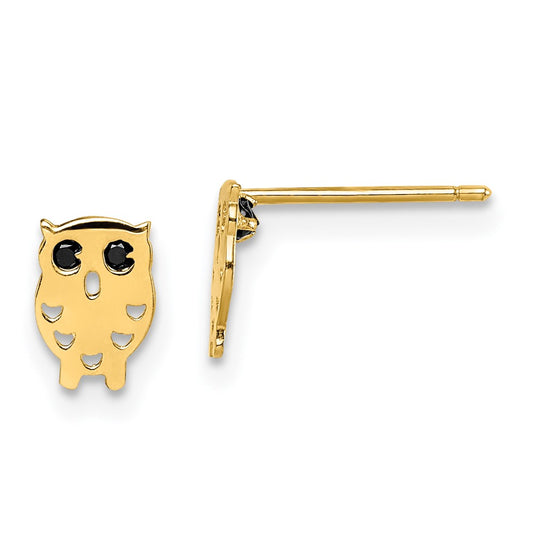 14K Yellow Gold Madi K Black CZ Owl Post Earrings