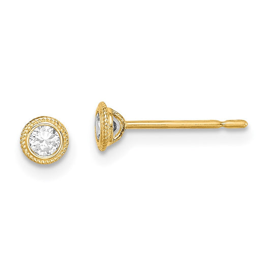 14K Yellow Gold Madi K Round CZ Milgrain Bezel Post Earrings