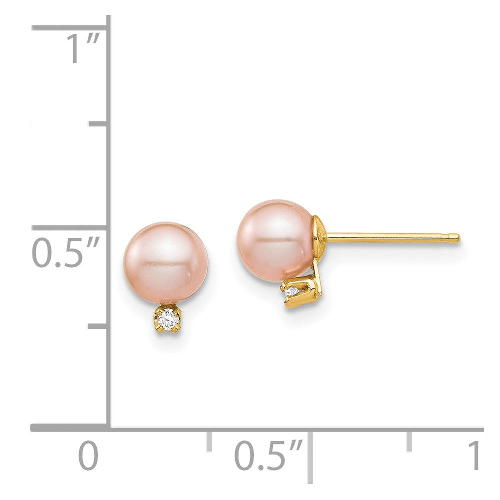 14K Yellow Gold Madi K 5-6mm Pink Round FWC Pearl .02ct Diamond Post Earrings