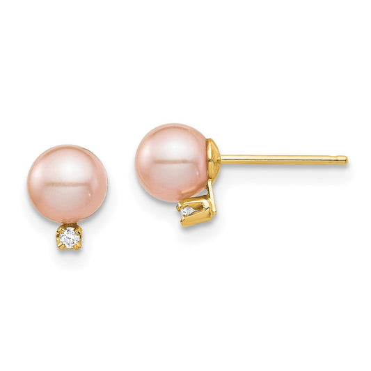 14K Yellow Gold Madi K 5-6mm Pink Round FWC Pearl .02ct Diamond Post Earrings