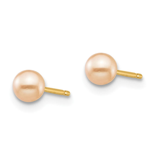 14K Yellow Gold Madi K 3-4mm Pink Round FWC Pearl Stud Post Earrings