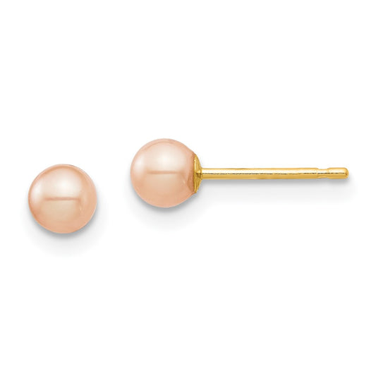 14K Yellow Gold Madi K 3-4mm Pink Round FWC Pearl Stud Post Earrings