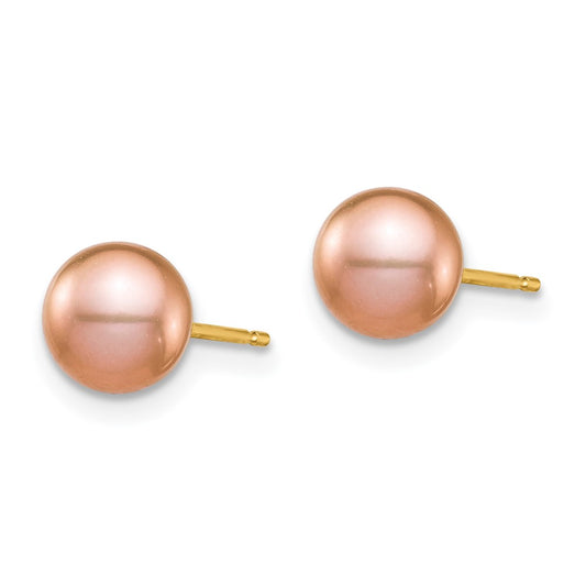 14K Yellow Gold Madi K 6-7mm Pink Round FWC Pearl Stud Post Earrings