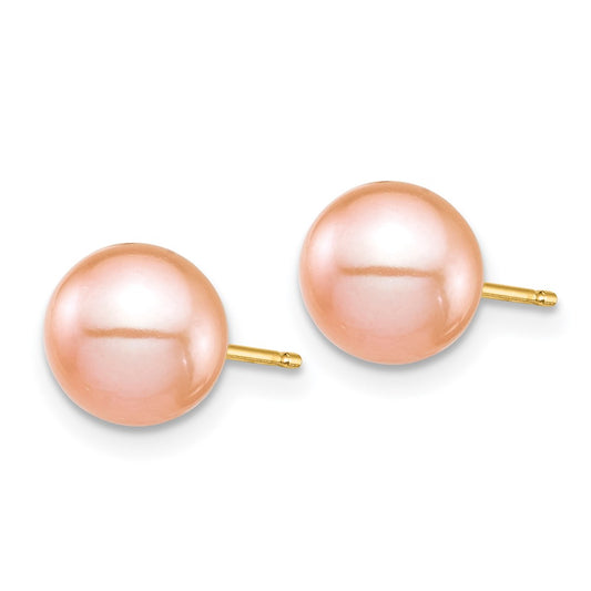 14K Yellow Gold Madi K 7-8mm Pink Round FWC Pearl Stud Post Earrings