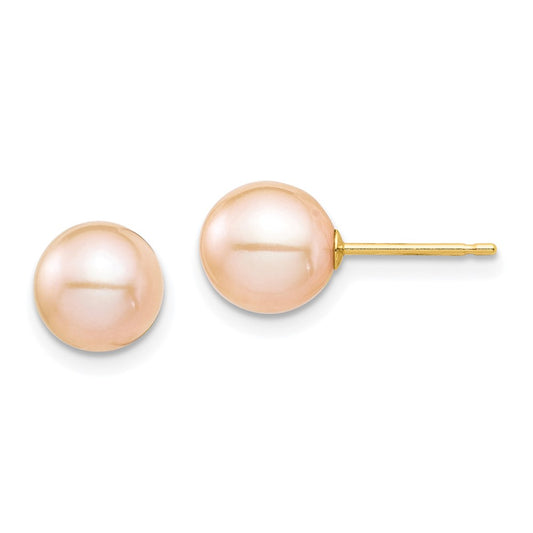 14K Yellow Gold Madi K 7-8mm Pink Round FWC Pearl Stud Post Earrings