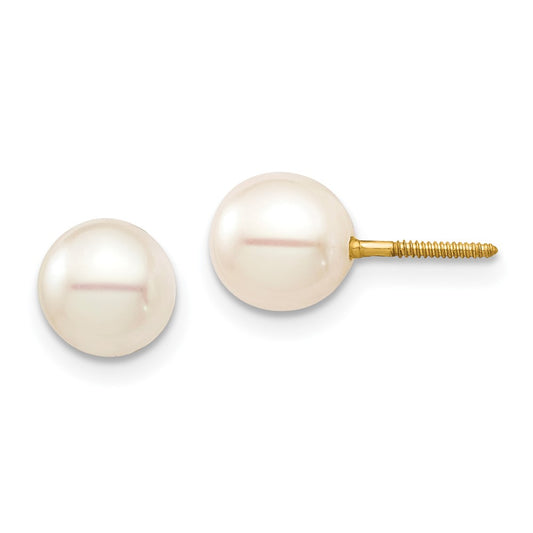 14K Yellow Gold Madi K 6-7 White Round FWC Pearl Stud Post Screwback Earrings