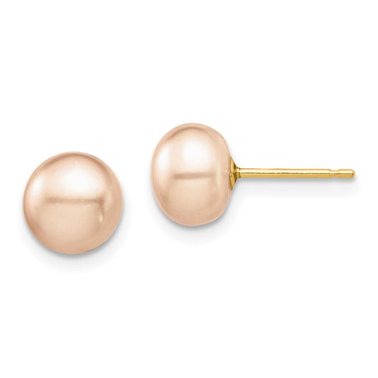 14K Yellow Gold Madi K 7-8mm Pink Button FWC Pearl Stud Post Earrings