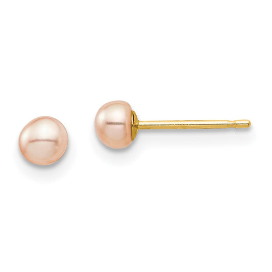 14K Yellow Gold Madi K 3-4mm Pink Button FWC Pearl Stud Post Earrings