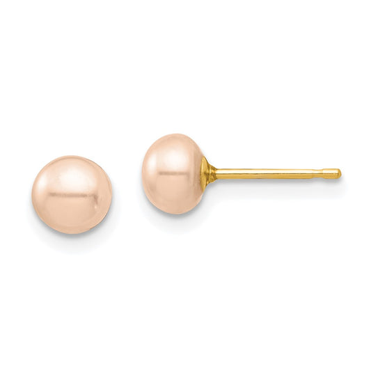 14K Yellow Gold Madi K 5-6mm Pink Button FWC Pearl Stud Post Earrings