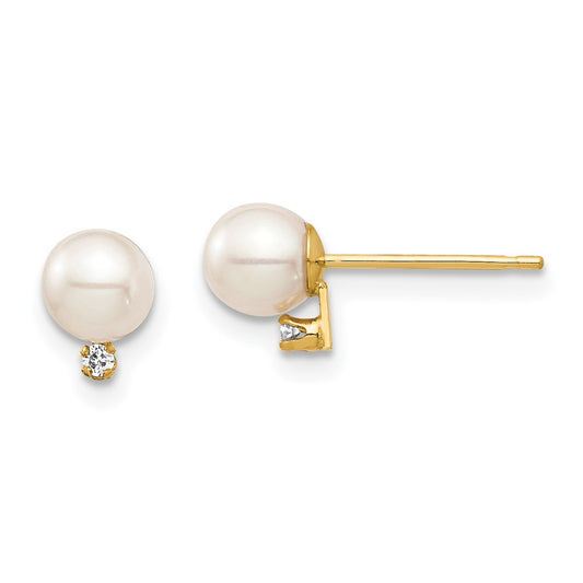 14K Yellow Gold Madi K 4-5mm White Round FWC Pearl .02ct Diamond Post Earrings