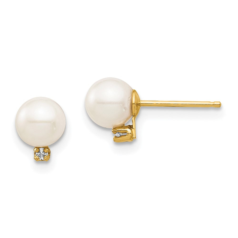 14K Yellow Gold Madi K 5-6mm White Round FWC Pearl .02ct Diamond Post Earrings