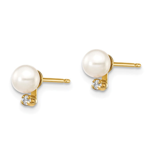 14K Yellow Gold Madi K 4-5mm White Round FWC Pearls CZ Post Earrings