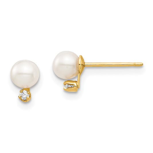 14K Yellow Gold Madi K 4-5mm White Round FWC Pearls CZ Post Earrings