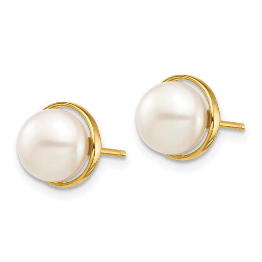 14K Yellow Gold Madi K 7-8mm White Button FWC Pearl Post Earrings