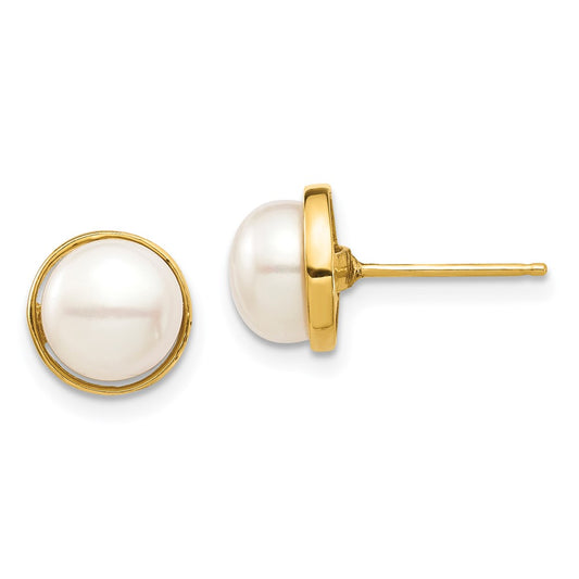 14K Yellow Gold Madi K 7-8mm White Button FWC Pearl Post Earrings