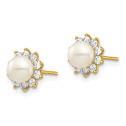 14K Yellow Gold Madi K 5-6mm White Button FWC Pearl CZ Post Earrings