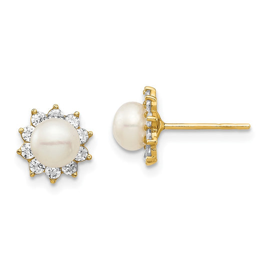 14K Yellow Gold Madi K 5-6mm White Button FWC Pearl CZ Post Earrings