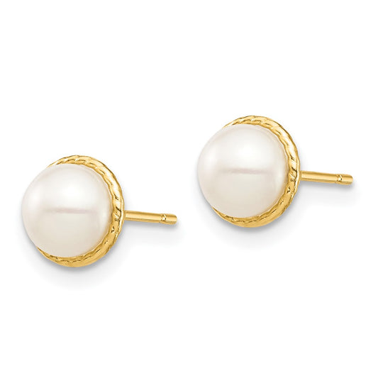 14K Yellow Gold Madi K 5-6mm White Button FWC Pearl Post Earrings