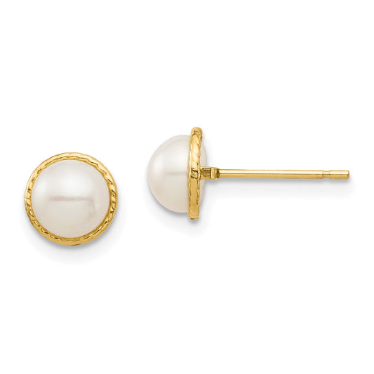 14K Yellow Gold Madi K 5-6mm White Button FWC Pearl Post Earrings