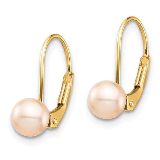 14K Yellow Gold Madi K 5-6mm Pink Round FWC Pearl Leverback Earrings