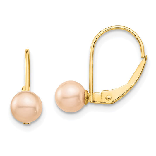 14K Yellow Gold Madi K 5-6mm Pink Round FWC Pearl Leverback Earrings