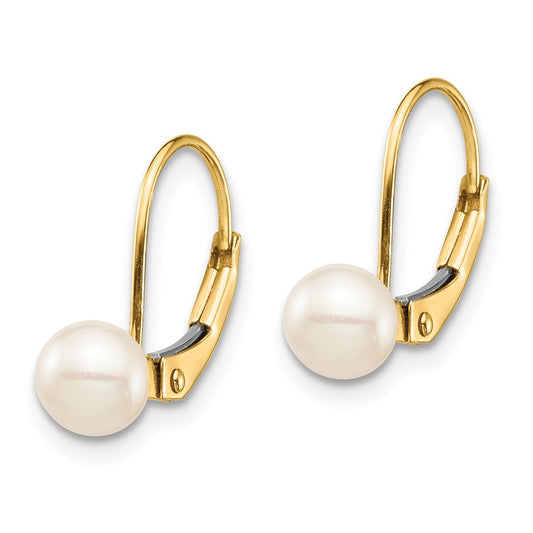 14K Yellow Gold Madi K 5-6mm White Round FWC Pearl Leverback Earrings