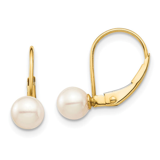 14K Yellow Gold Madi K 5-6mm White Round FWC Pearl Leverback Earrings