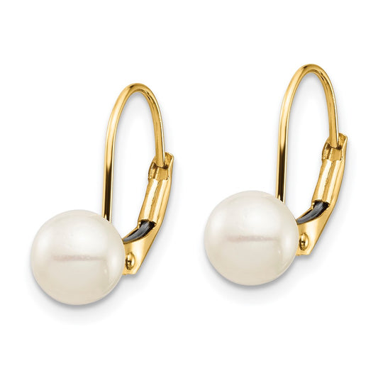 14K Yellow Gold Madi K 6-7mm White Round FWC Pearl Leverback Earrings