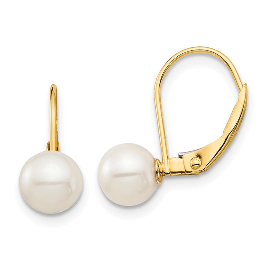 14K Yellow Gold Madi K 6-7mm White Round FWC Pearl Leverback Earrings