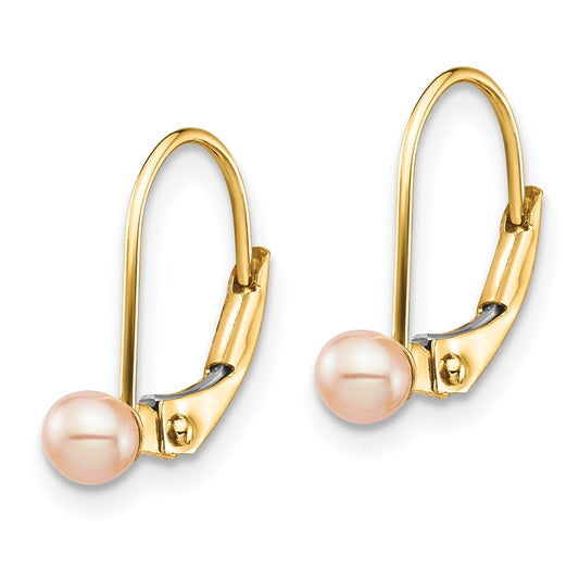 14K Yellow Gold Madi K 3-4mm Pink Round FWC Pearl Leverback Earrings