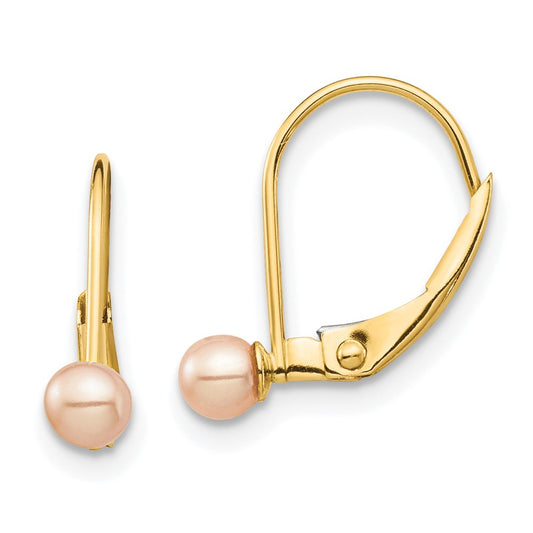 14K Yellow Gold Madi K 3-4mm Pink Round FWC Pearl Leverback Earrings