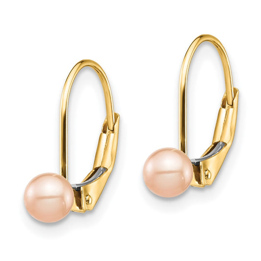 14K Yellow Gold Madi K 4-5mm Pink Round FWC Pearl Leverback Earrings