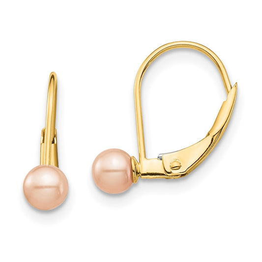 14K Yellow Gold Madi K 4-5mm Pink Round FWC Pearl Leverback Earrings