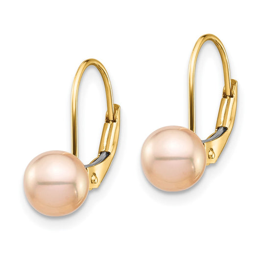 14K Yellow Gold Madi K 6-7mm Pink Round FWC Pearl Leverback Earrings